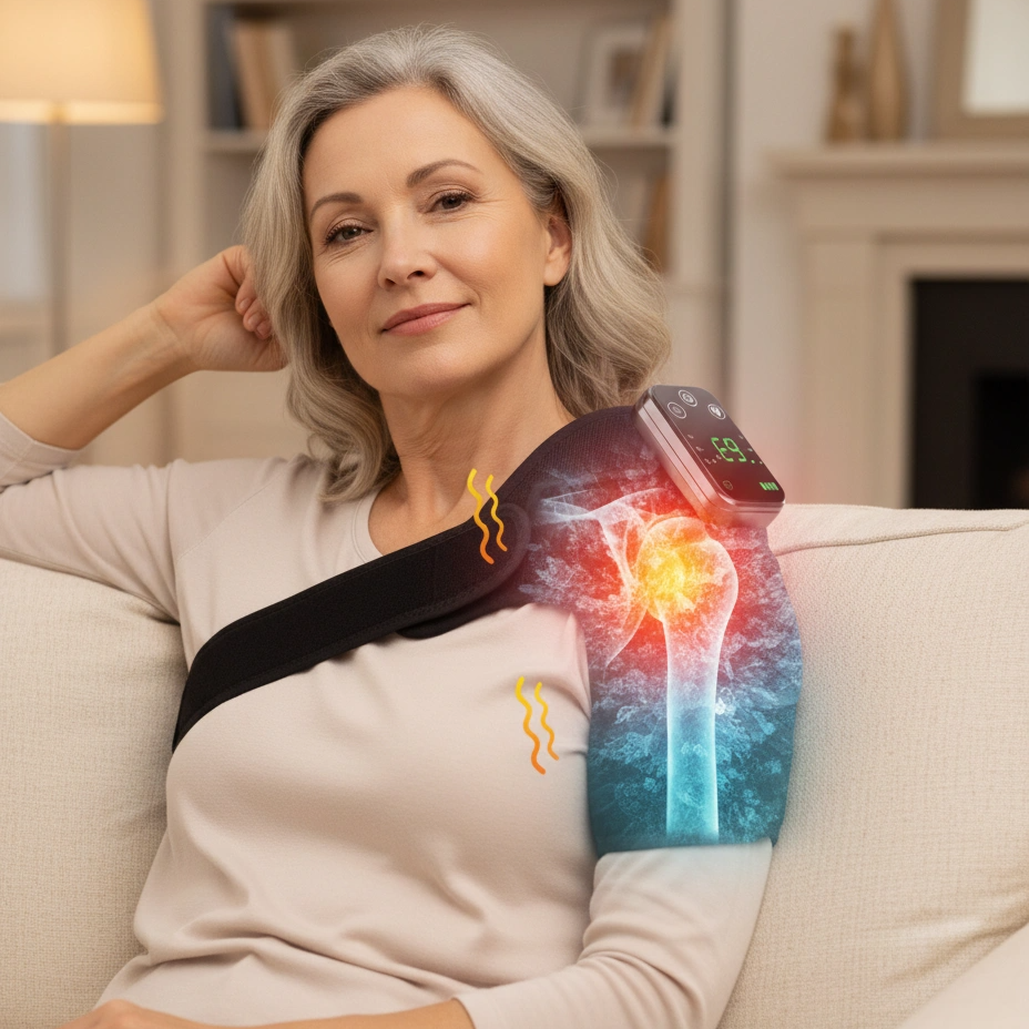Woman sitting on a couch with a shoulder pain relief device, showing an illustration of a shoulder injury.