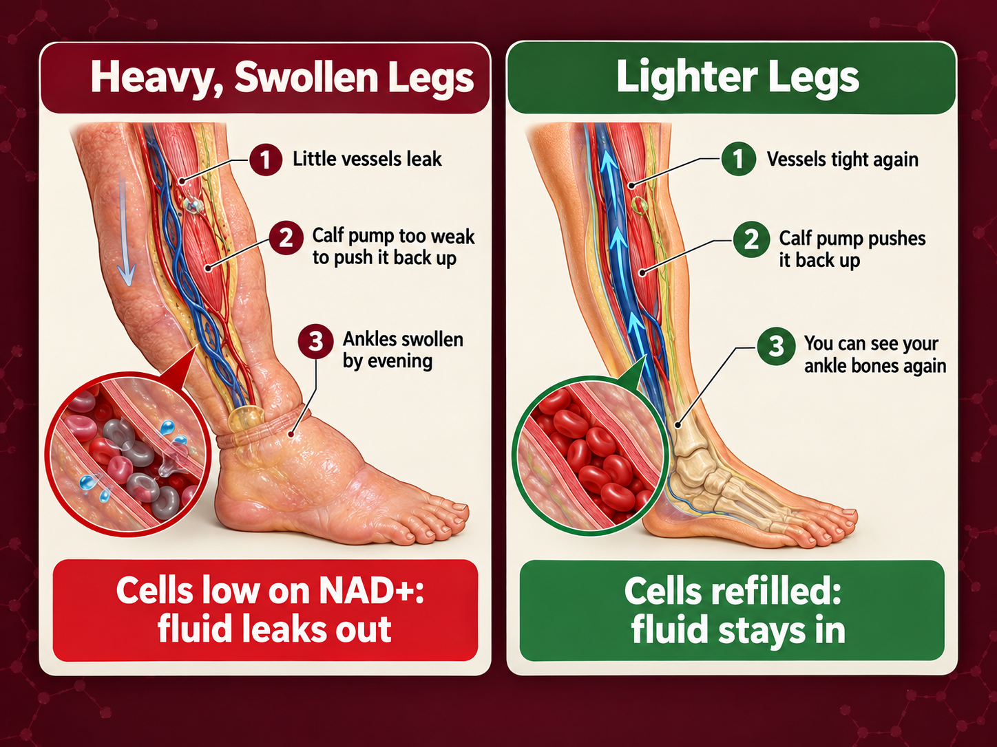 Heavy, swollen legs vs lighter legs: cells low on NAD+ let fluid leak out
