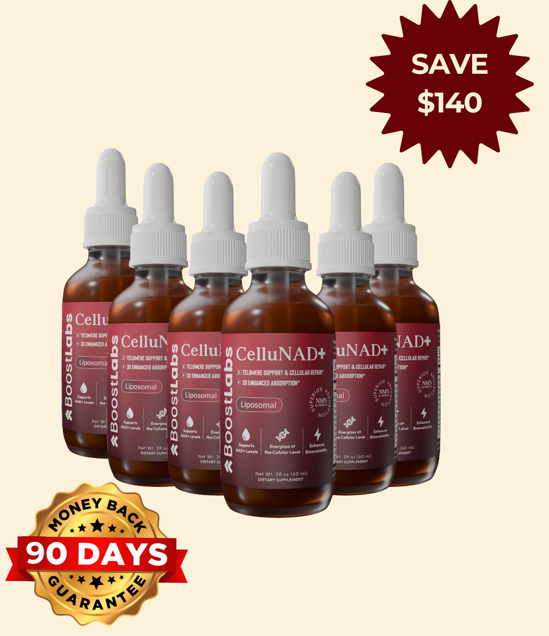 Set of six bottles of CelluNAD+ with promotional text on a beige background