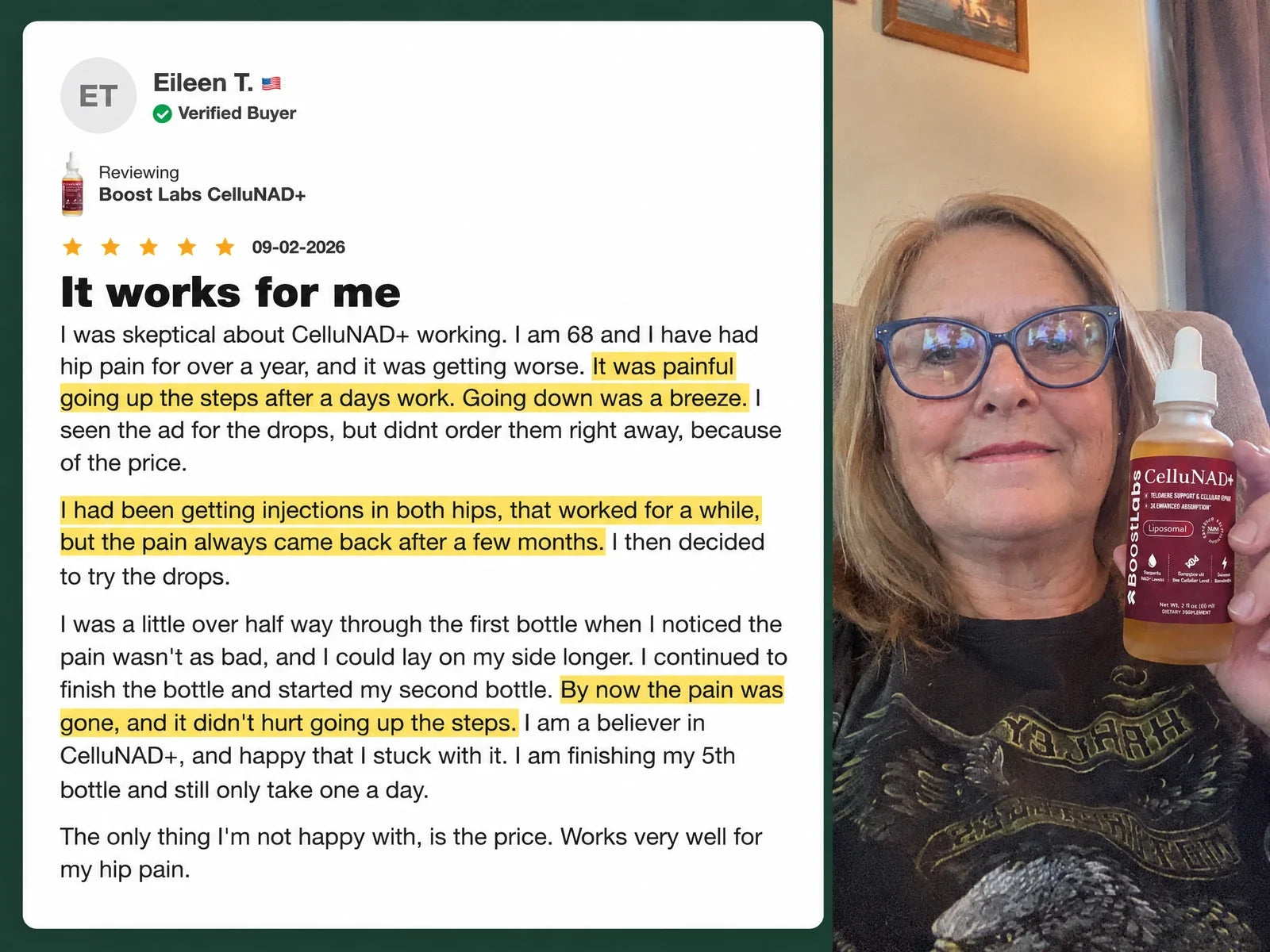 Customer review: Eileen T., 68, hip pain, injections wore off, pain gone by second bottle