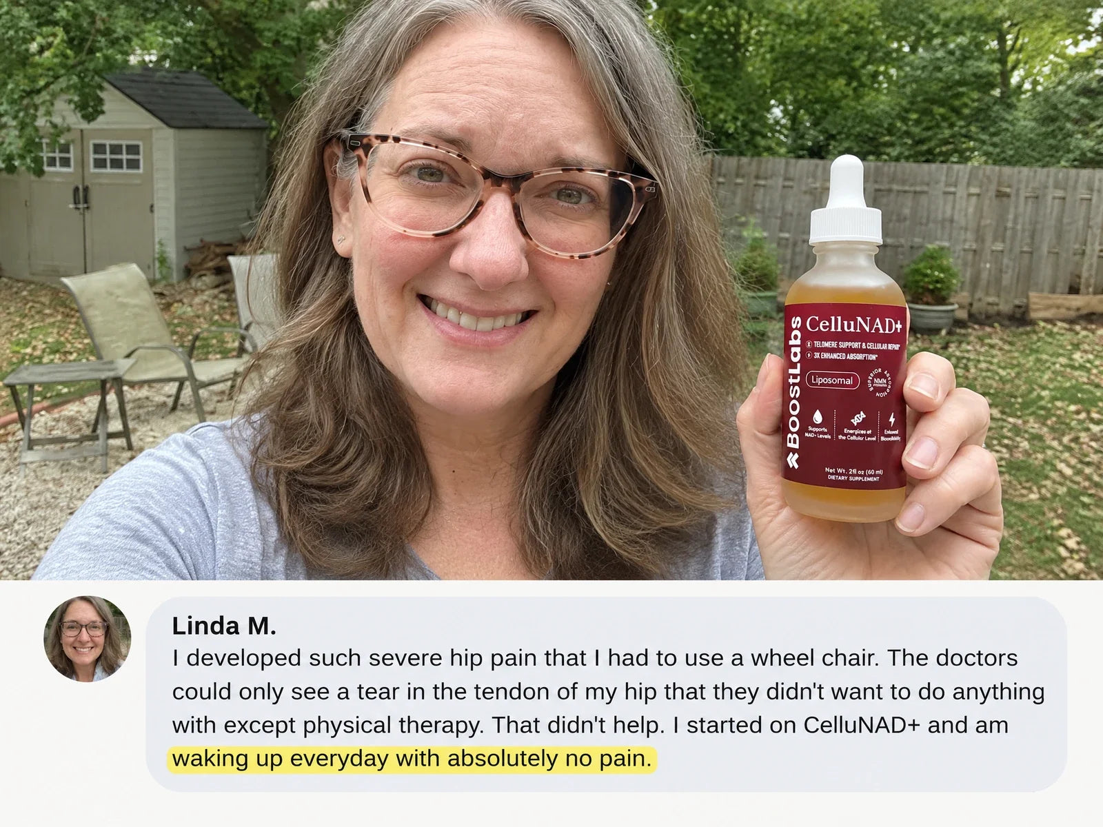 Customer review: Linda M., wheelchair from hip tendon tear, waking up with no pain