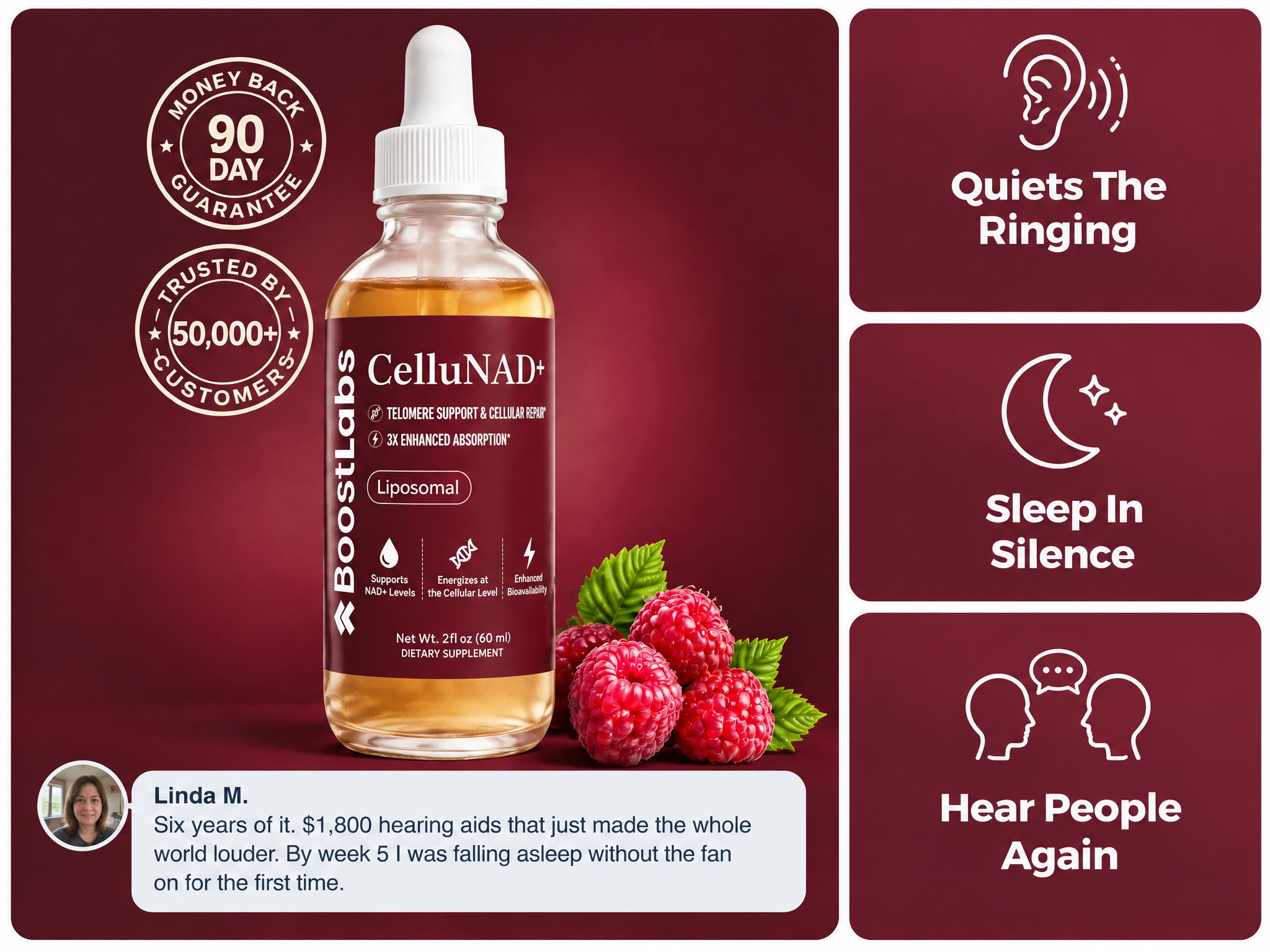 CelluNAD+ Tinnitus Support Drops: quiets the ringing, sleep in silence, hear people again