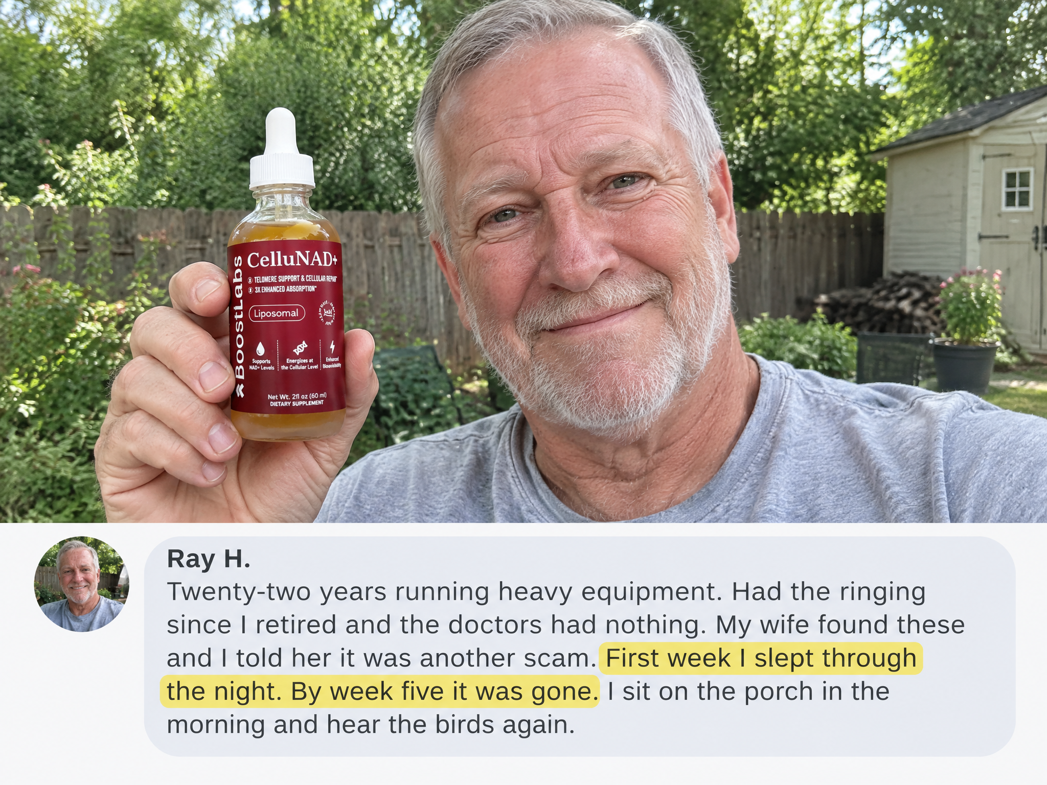 Customer review: Ray H., ringing since retiring from heavy equipment, gone by week five
