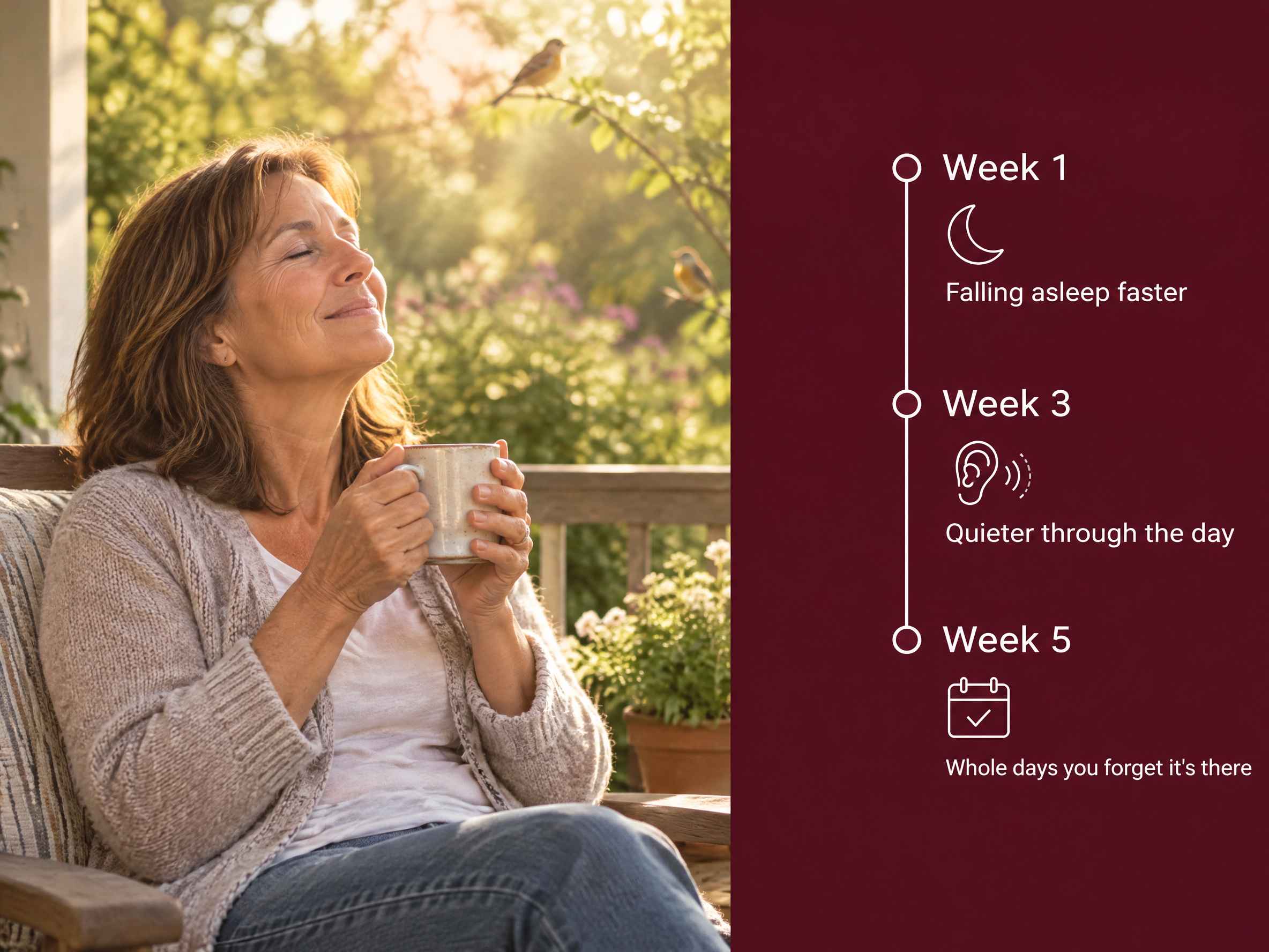 Your first weeks on CelluNAD+: week 1 falling asleep faster, week 3 quieter through the day, week 5 whole days you forget it's there